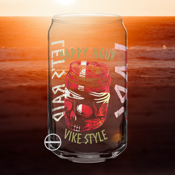 View of SCANDINORDIC HAPPY HOUR can glass from front, featuring a skull shaped like a can at the top, with colours red and white overlaid in similar style to the Danish flag. Above the skull the words in Viking Font, 